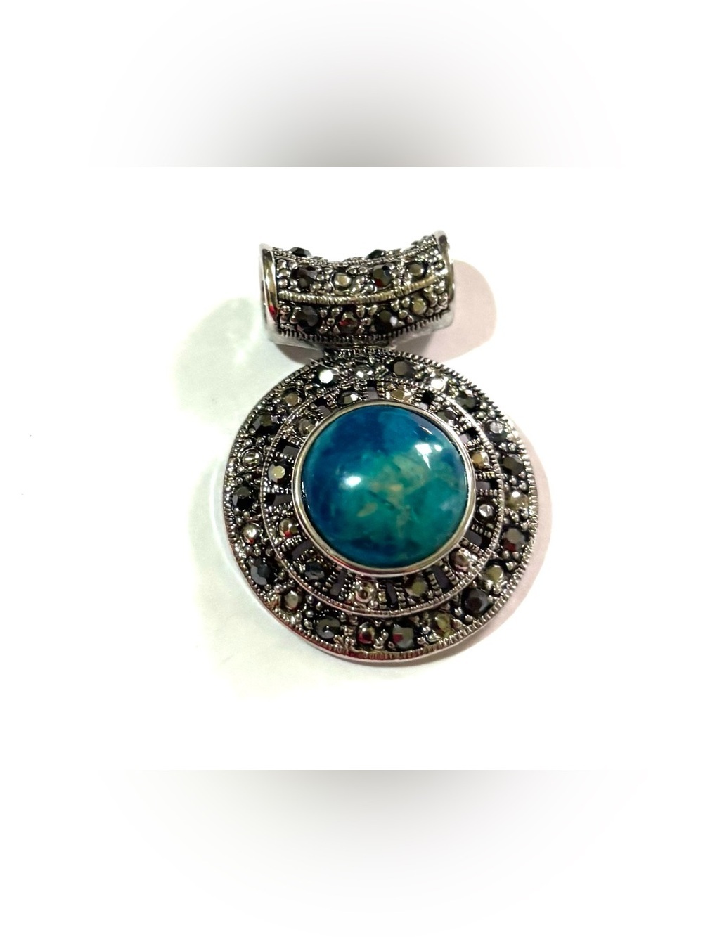 Vintage Blue Round Stone Marcasite Pendant Necklace - Women Jewelry